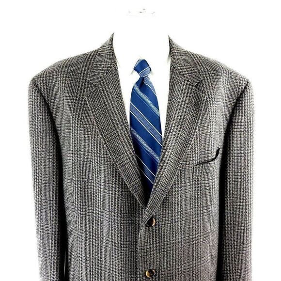 Joseph Abboud Nordstrom Tweed Wool 3 Button Sport Coat 42L Beige Blue Glen Plaid - Picture 1 of 10
